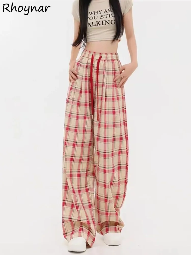 

Plaid Wide Leg Pants Women Leisure Japan Style Loose Vintage Students Full Length Harajuku Basic Drawstring All-match High Waist