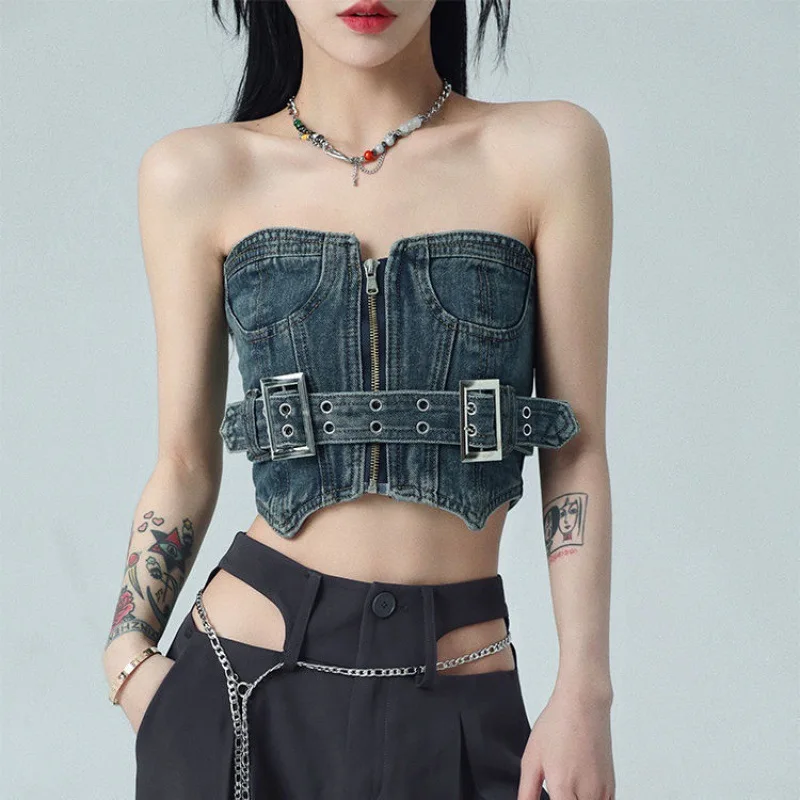 

Strapless Denim Tube Top Corset for Women Off Shoulder Belt Design Summer 2023 Y2k Steetwear Cargo Cyber Retro American-style