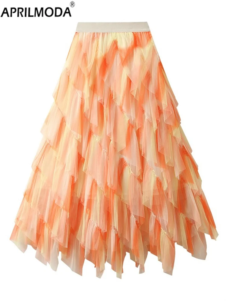 2024 Gradient Mesh Irregular Midi Long Casual Skirt High Elastic Ruffle Patchwork Rainbow Party Summer Holiday Bride Tutu Skirts 4