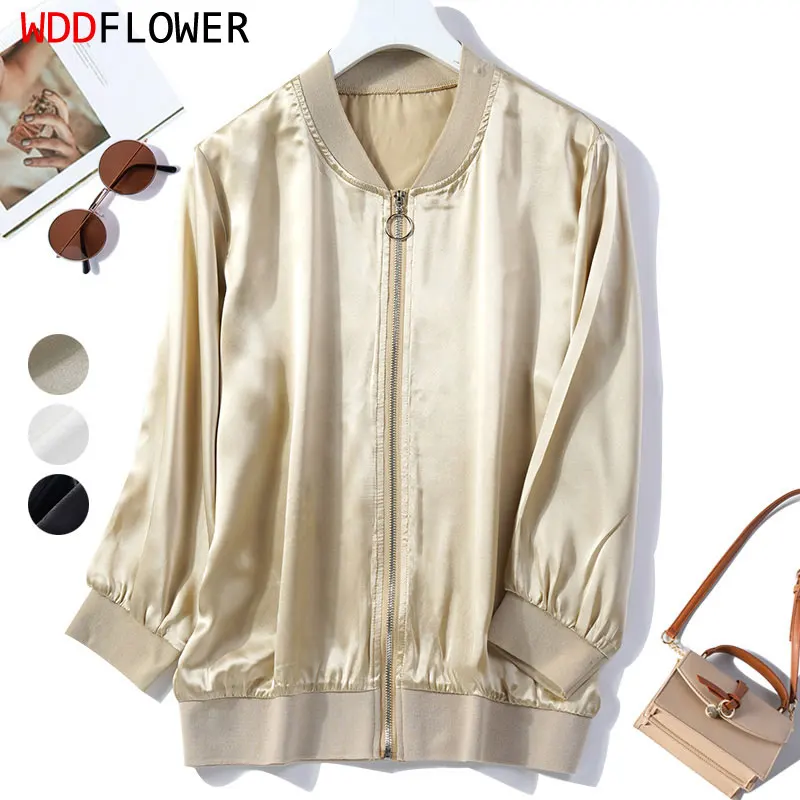 

Women 100% Mulberry Silk black white solid color zip up bomber Jackets Coat Top JN805