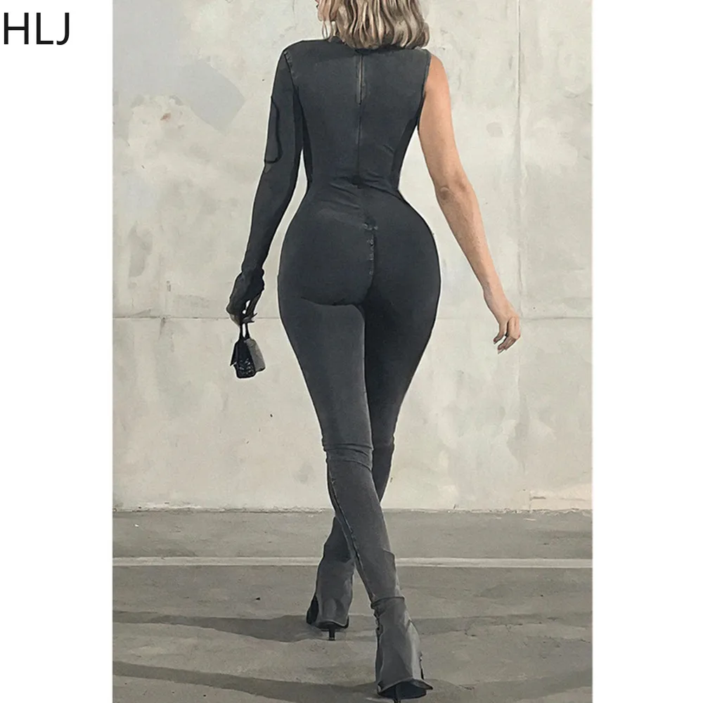 HLJ Black Sexy Solid Color Bodycon One Shoulder Sleeve Jumpsuits Women Round Neck Skinny Pants Playsuits Female Sporty Overalls