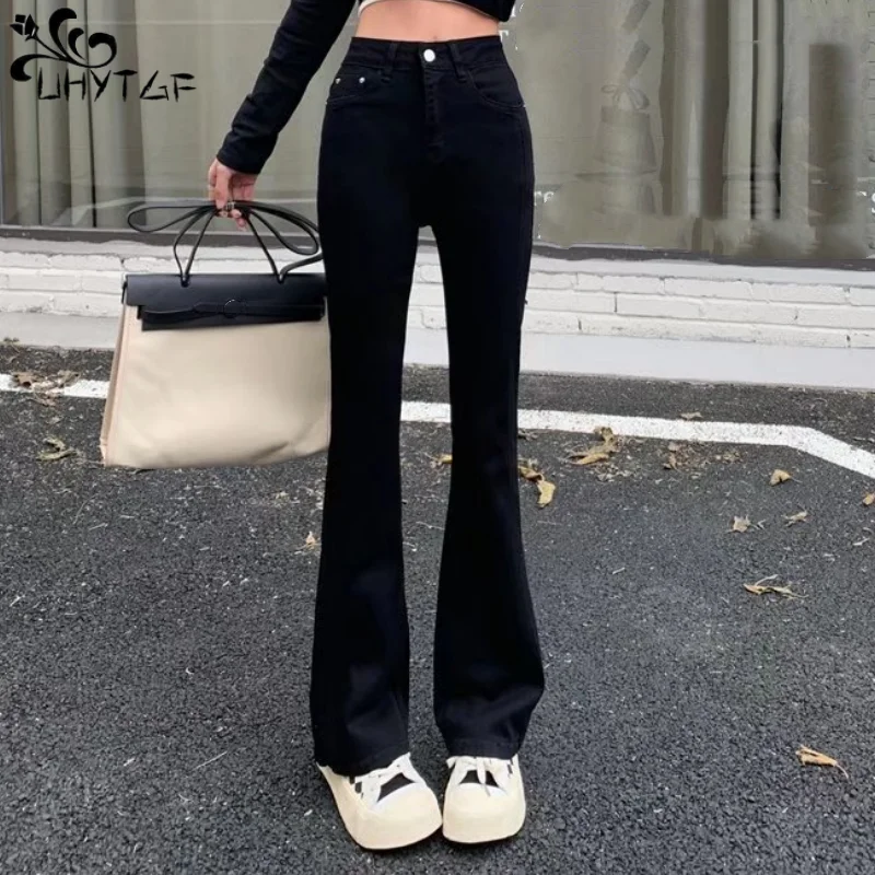 

UHYTGF S-5XL Jeans For Women Clothing Autumn New High-Waiste Stretch Wide Leg Slightly Flared Fashion Elegant Female Denim Pants