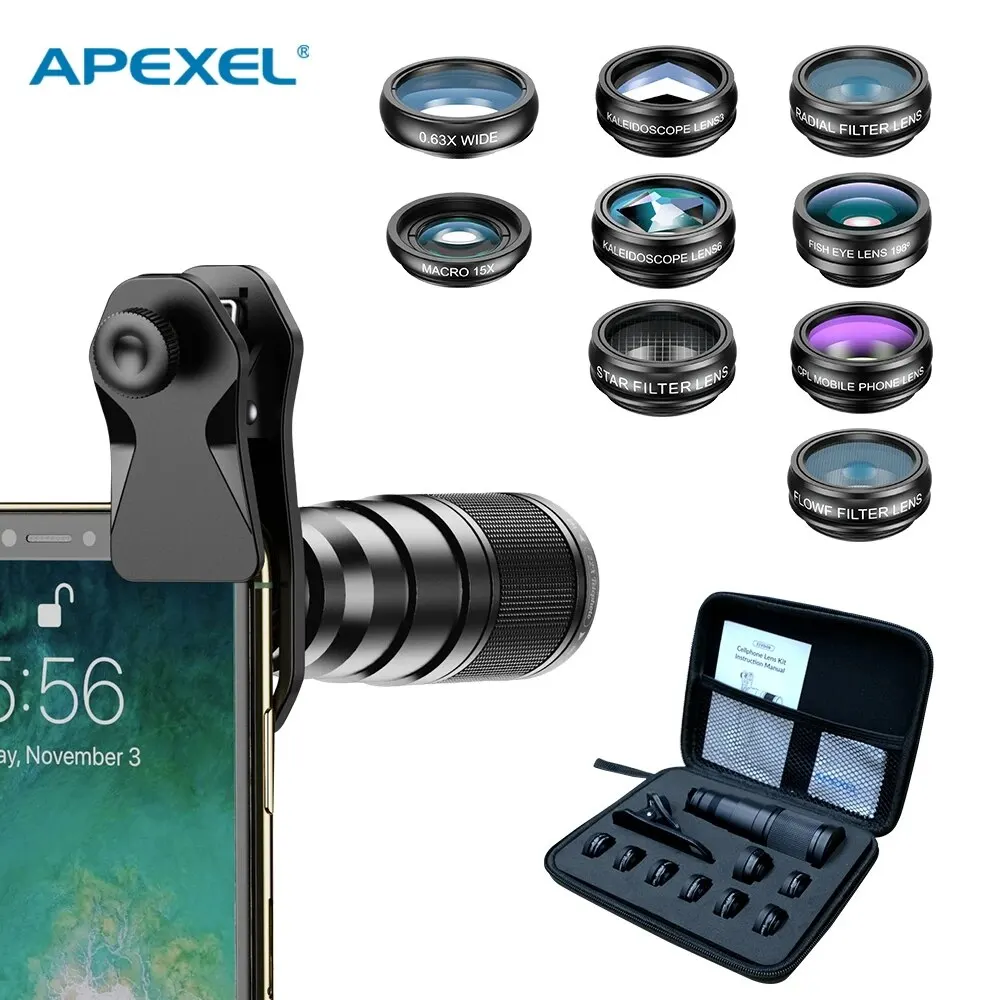 Phone Camera Lens Kit, 11 In 1 Cellphone Lens Kit For IPhone And Android, 0.63X Wide Angle 15X Macro 198°Fisheye Telephoto CPL/Flow/Radial/Star/Soft Filter Kaleidoscope Lens