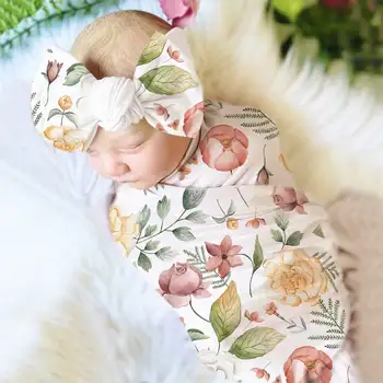 Ylsteed Newborn Photography Wrap with Matching Headband Floral Print Baby Swaddle for Photo Shooting Portrait Photography Props 1