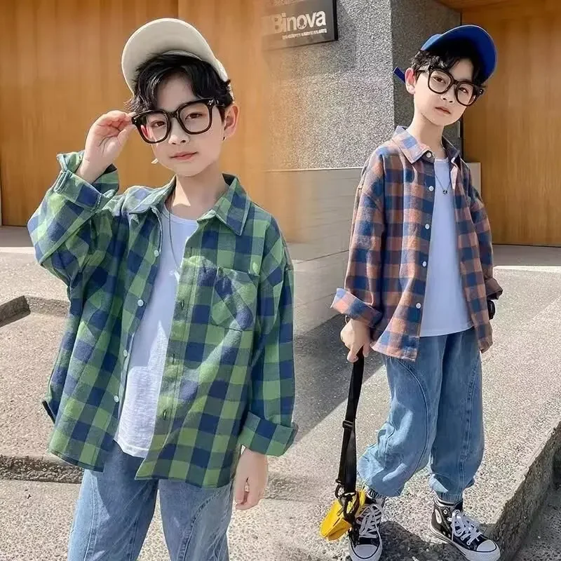 Spring Fashionable Plaid Boys Shirt New Hot Sale Of The Season Middle Large Children's Spring Outerwear Trendy Male Kids Clothin