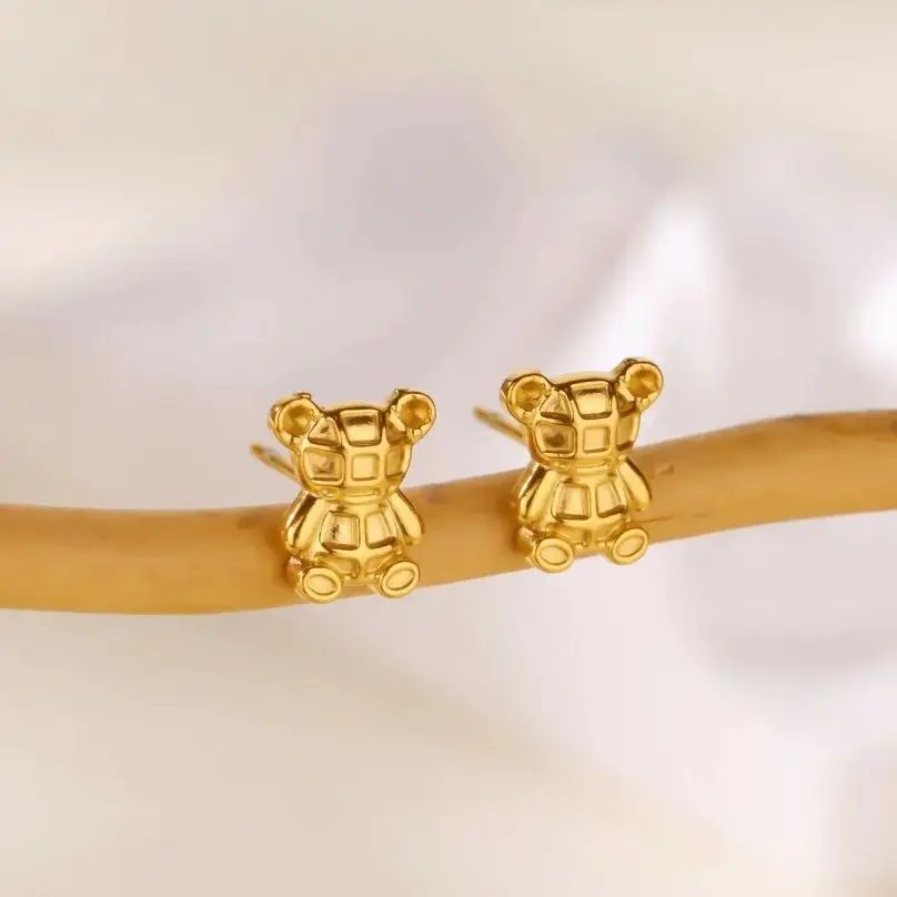 Cute Cartoon Bear Stud Earrings for Women Gold Color Stainless Steel