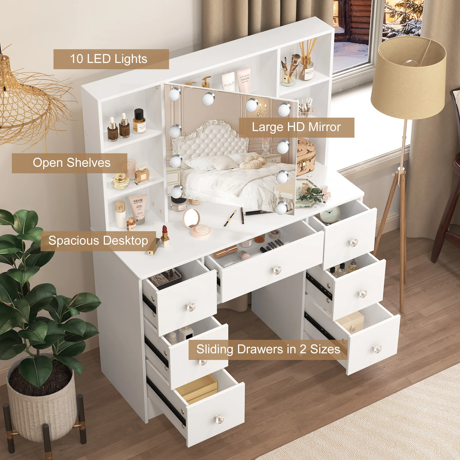 Refined Oak Makeup Vanity with LED-Lit Mirror – Touch-Adjustable Light & Spacious Shelves