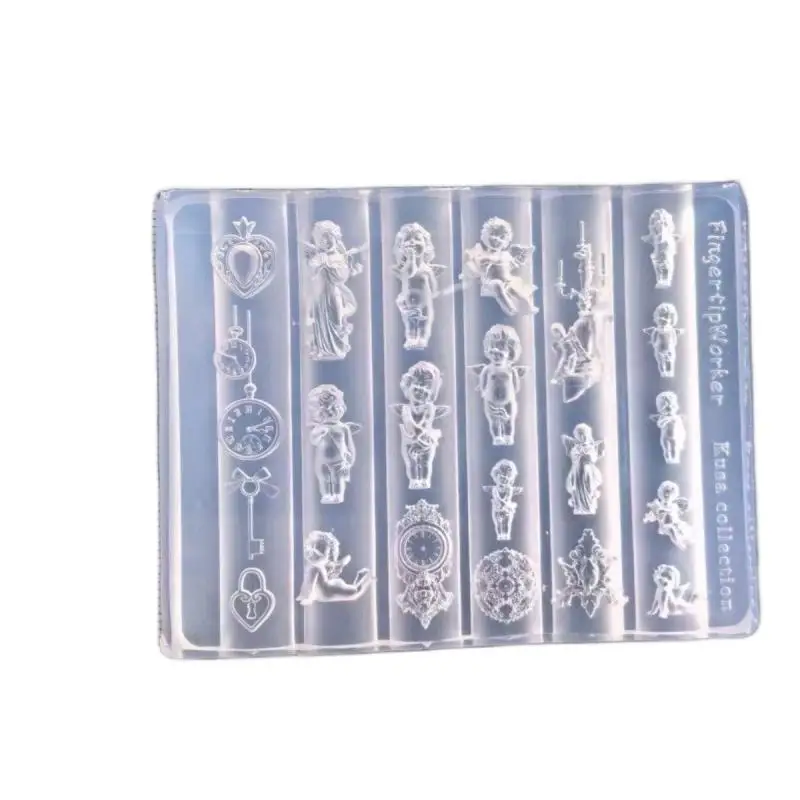 새로운 엔젤 시계 3D 실리콘 네일 몰드 하트 잠금 네일 템플릿 DIY 네일 아트 장식 스탬핑 플레이트 매니큐어 디자인 도구