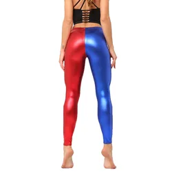 Metallic Faux Leather Party Leggings - Sexy Nightclub Skinny Pants - PLUS (50 kg-60 kg) (Red blue)