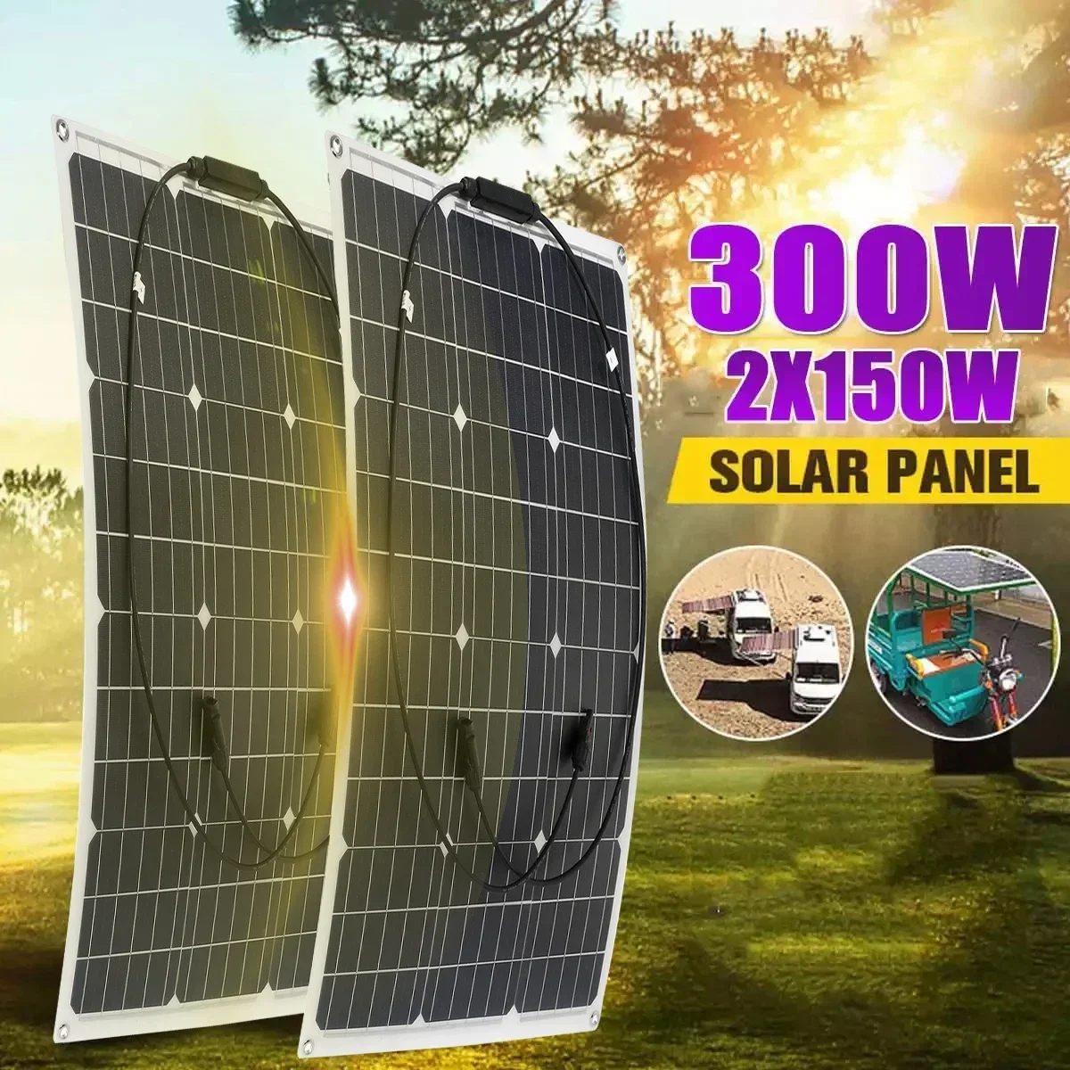 

150W/300W Solar Panel 18V Semi-flexible Monocrystalline Solar Cell DIY Cable Waterproof Outdoor Car RV Rechargeable Power System