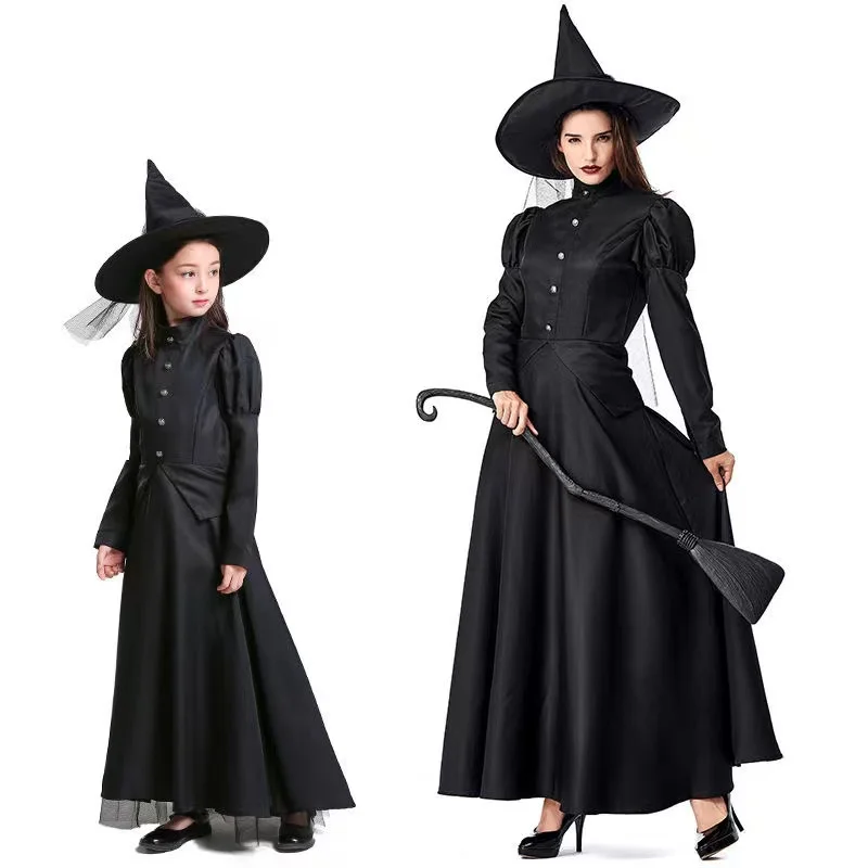 Ouder-Kind Outfit Zwarte Heksenjurk Tovenares Cosplay Volwassen Halloween Kostuums Voor Vrouwen Heksenjurk Feest Enge Cosplay