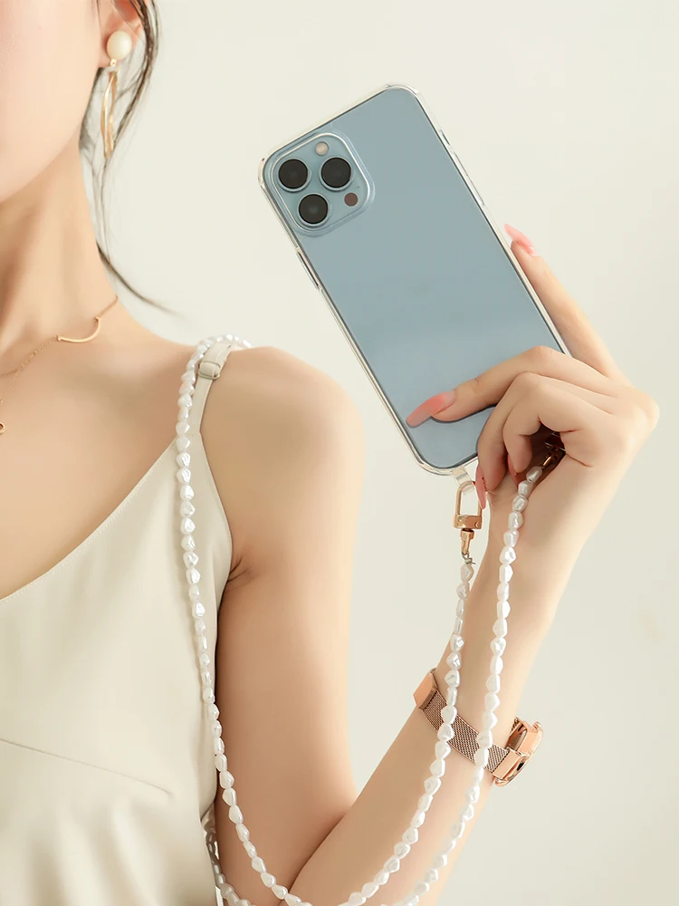 Luxury Acrossbody Pearl Lanyard Necklace Phone Case with Clear Acrylic Cover