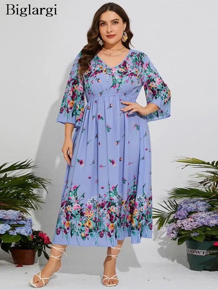 

Plus Size Autumn Chiffon Long Dress Women Flower Print Fashion Loose Ruffle Pleated Ladies Dresses Flare Sleeve Woman Dress 2023