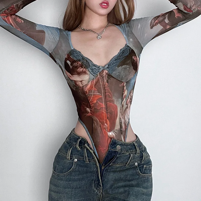 Ancient Greek Bodysuit Women Jumpsuit Summer Print Sheer Onesie Personality Slim Elastic V-neck Long Sleeve Shapewear Bodyshaper