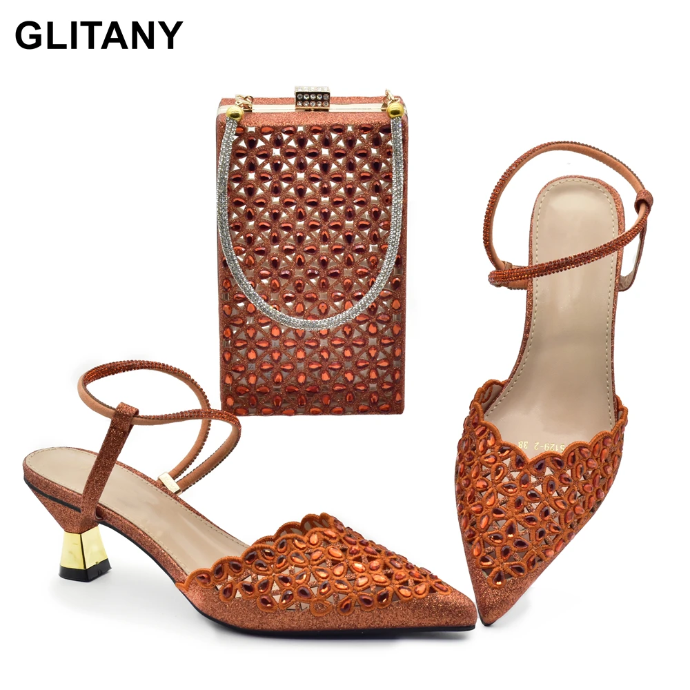 

New Arrival Italian Design Sparkling Diamond Flower Decoration Exquisite Party Ladies Shoes and Bag Set Plus Size Shoes Luxury