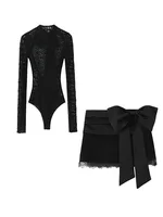 Women 2025 Autumn New Lace Bodysuit Women's Bodysuit Black Cutwork O-Neck Long Sleeves Bodysuits+Splicing Mini Skirt Suit - Image 2