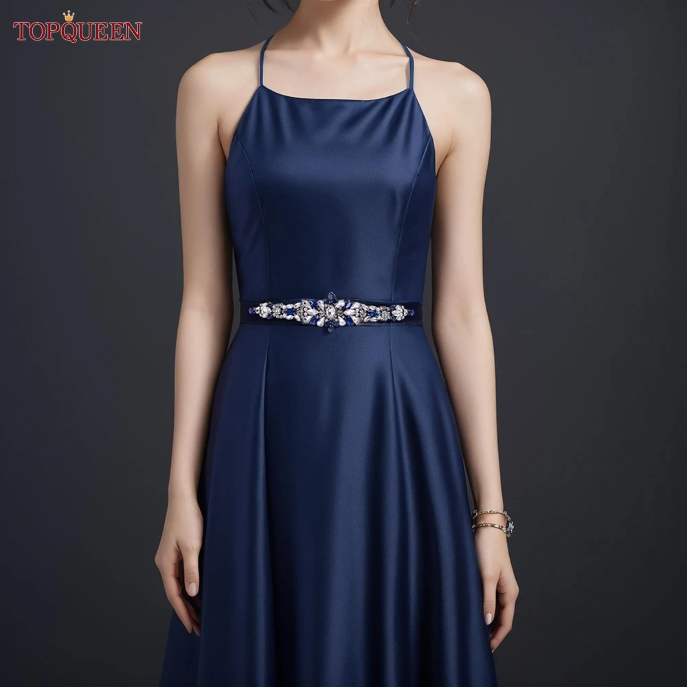 

TOPQUEEN New Women's Elastic Belt Dress Sweater Buckle Belt Formal Garment Corset Decoration Navy Blue Rhinestone S133ML