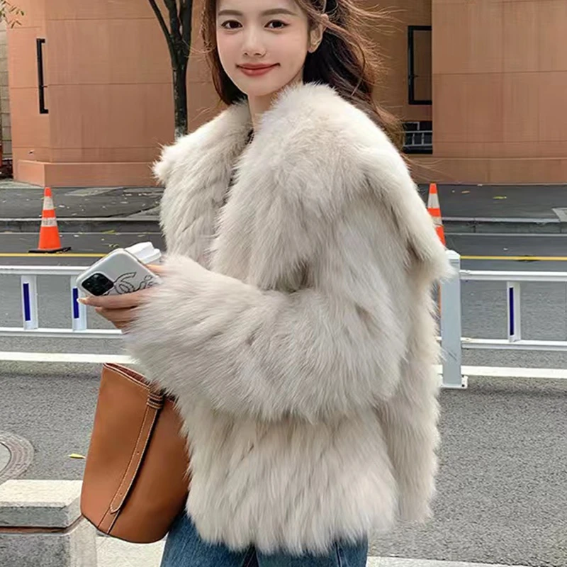 

Fox Faux Fur Winter Jacket Women Big Collar Thicken Cardigan Coat Fluffy Jacket Chaquetas Mujer Loose overcoat Vintage XC103