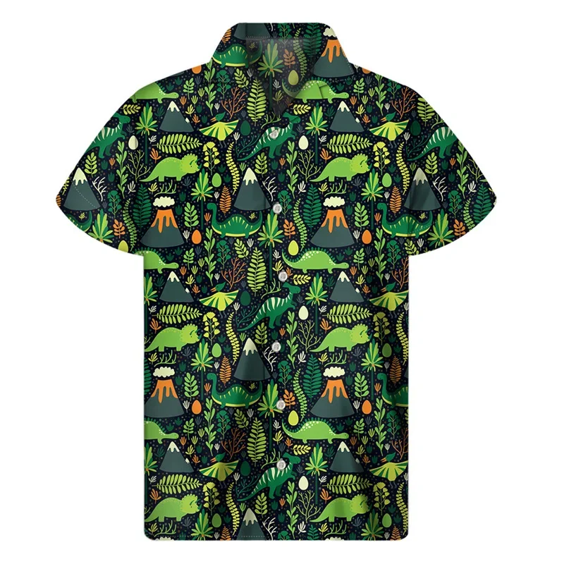 Camisas hawaianas con estampado de dinosaurios para hombre, camisa de verano con solapa y estampado 3D de animales, blusa holgada de manga corta con botones para la calle