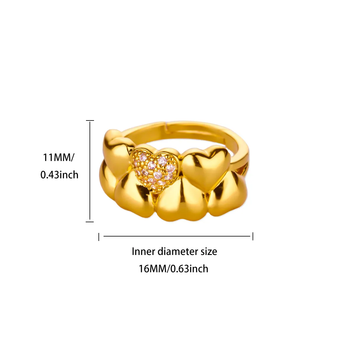 Chunky Zircon Heart Rings Gold Color Stacking Finger Rings For Women