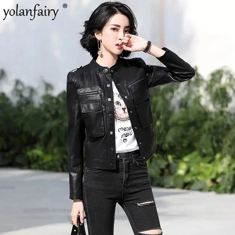 

Natural Leather Jacket Women Clothes 2023 Spring Slim Short Real Sheespkin Coat Women's Motocycle Jackets Куртка Женская Кожаная