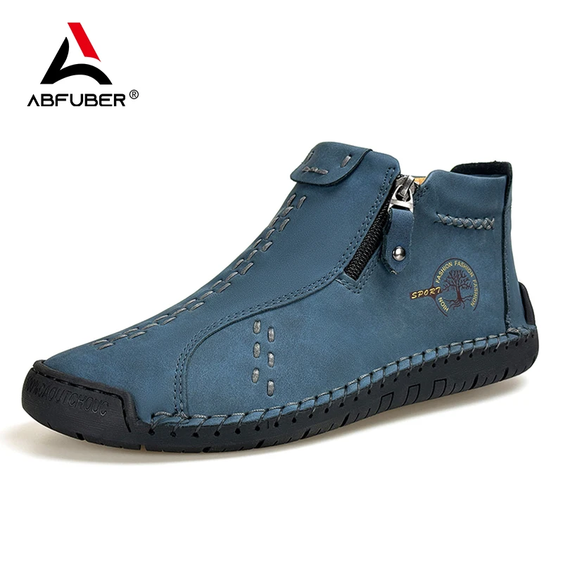 Handmade Leather Casual Shoes Leather Sneakers Casual Sneakers Men Flat Footwear Zipper Leather Boots Ankle Plus Size 39-48