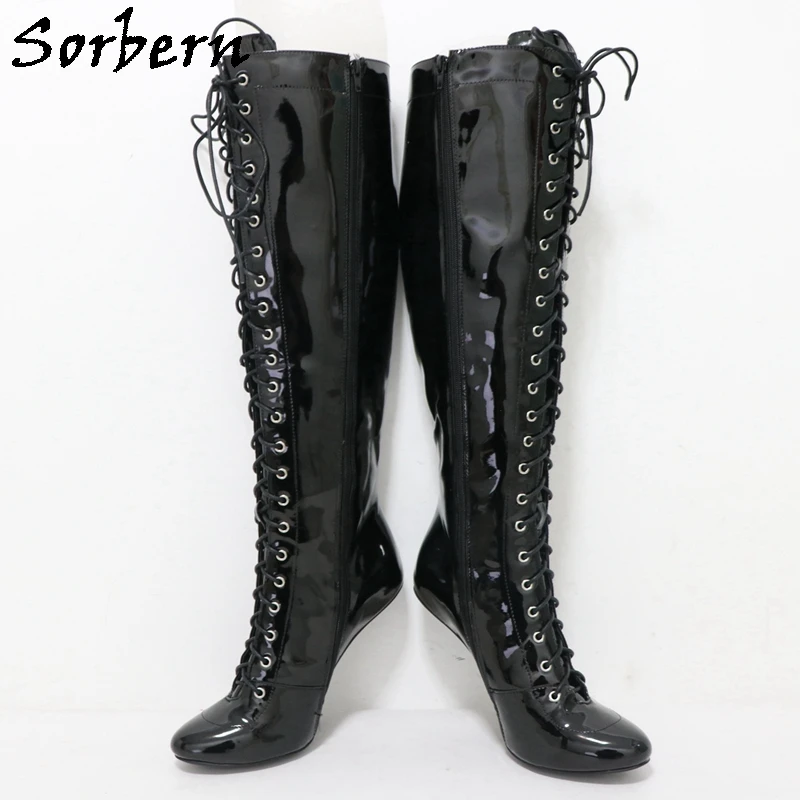 

Sorbern Black Glossy Knee High Boots Women Heelless Round Toe Lace Up Drag Queen Fetish Crossdresser Boot Custom Wide Calf Fit