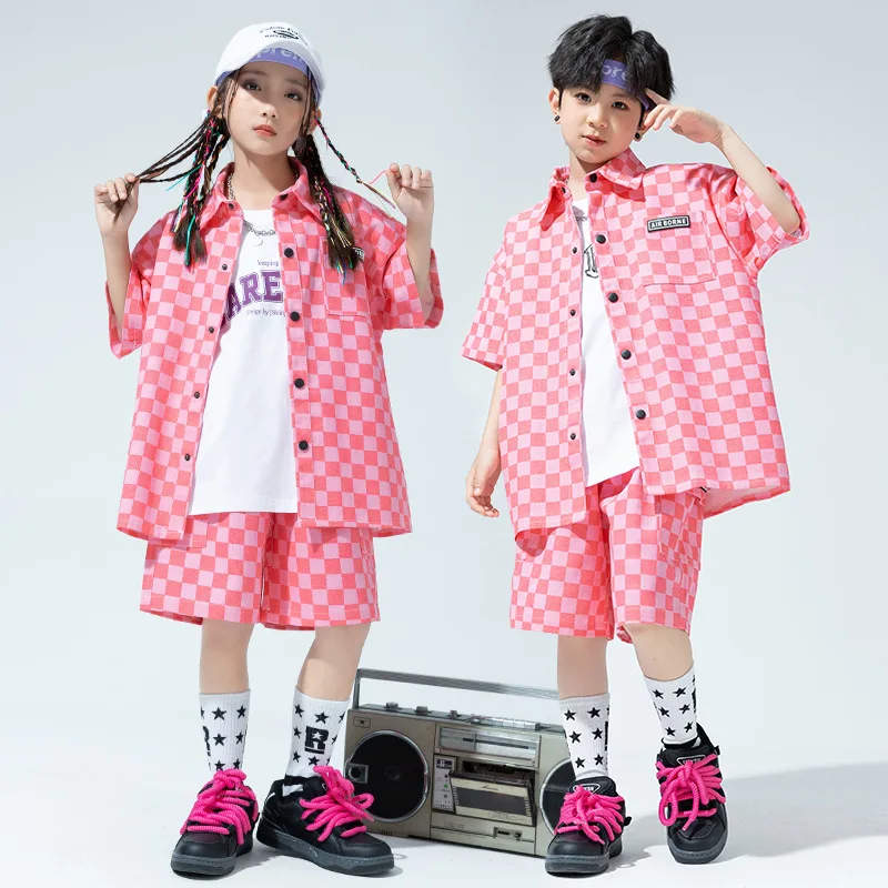 

New Summer Kids Pink Plaid T-Shirt Shorts Suit Boys Hip Hop Outfits Modern Jazz Dance Costume Girls Kpop Stage Performance Wear
