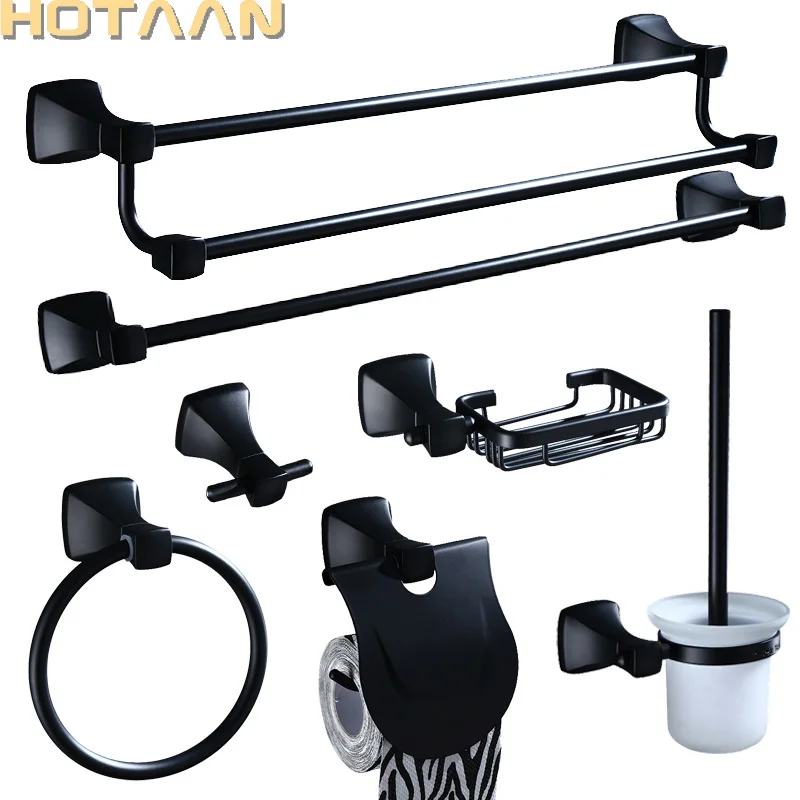 Aluminium Bathroom Accessories Set Robe hook Paper Holder Towel Bar Soap Basket Bathroom Fitting Black Color