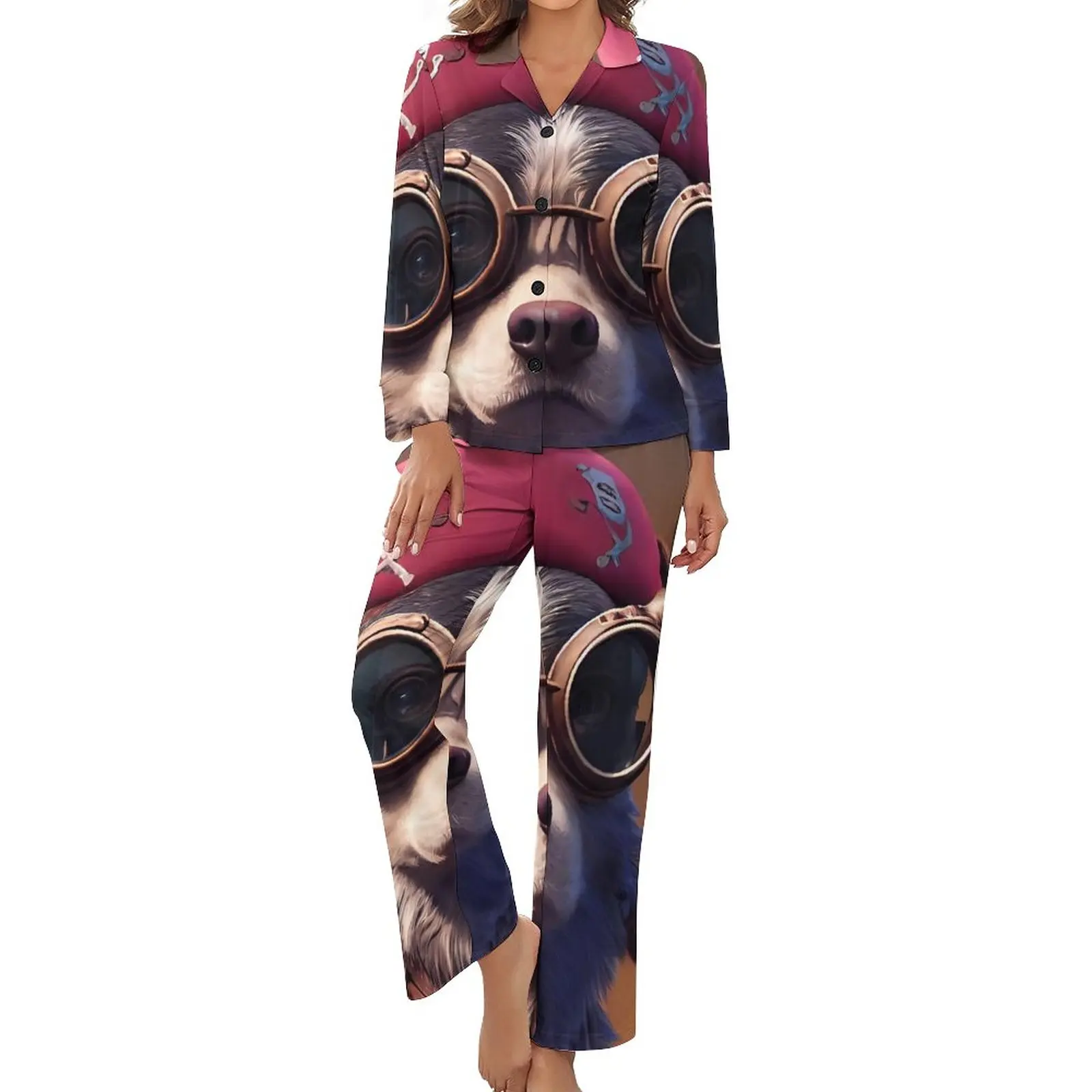 

Забавные пижамы в виде животных с длинным рукавом Пиратская собака принт комплект из двух частей для отдыха Весенняя женская мягкая Пижама с V-образным вырезом