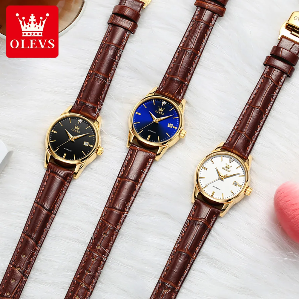 OLEVS Mechanical Watch for Women Fashion Leather Strap Waterproof Calendar Automatic Womens Watches Top Brand Luxury Wristwatch