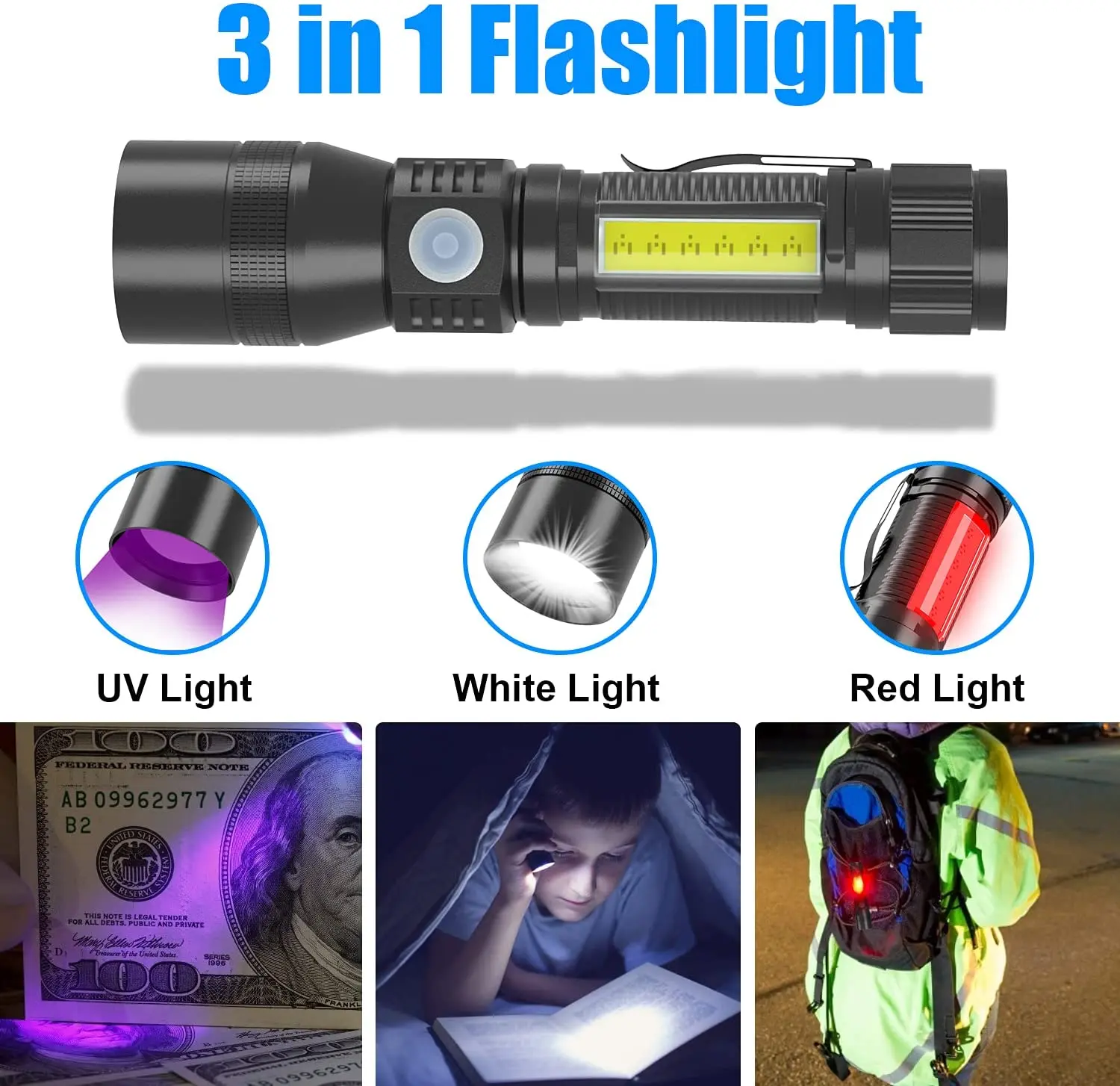 Multifunctional LED Flashlight UV Light/White Light/Red Light 7 Switch Modes Flashlights Waterproof Torch Zoomable Flashlight hunting torches