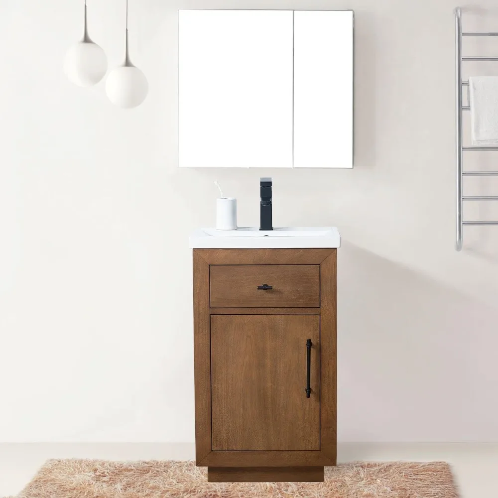 20 inch Bathroom Vanity with Ceramic Sink,with Doors and Removable Shelf, Modern Wood Cabinet with Marble Top, Solid Wood Frame 6