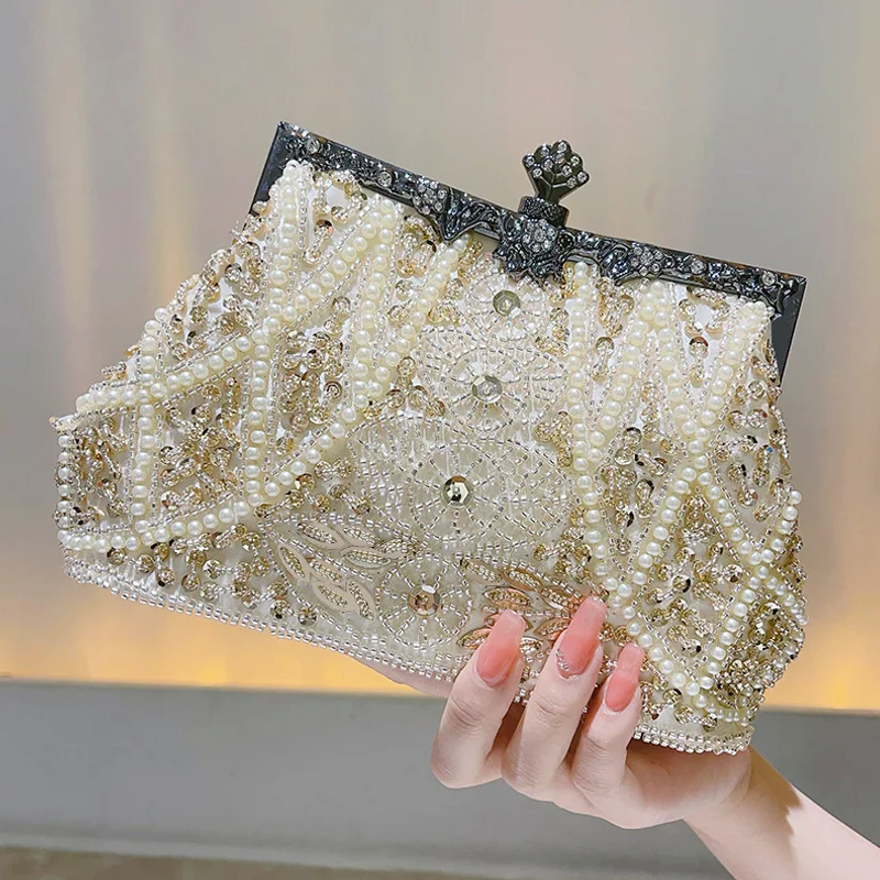 Luxury Handmade Beaded Pearl Clutch for Women Bridesmaid Mother Wedding Party Evening Cocktail Event Handheld Bag