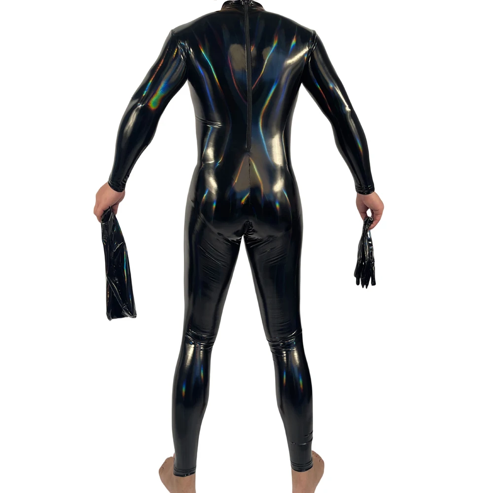 Cosplay costume Patent Leather Jumpsuit M-4XL Mens Cosplay Laser Colorful PU Leather Sexy Bodysuit Body Tights Male Servant Stage Straitjacket