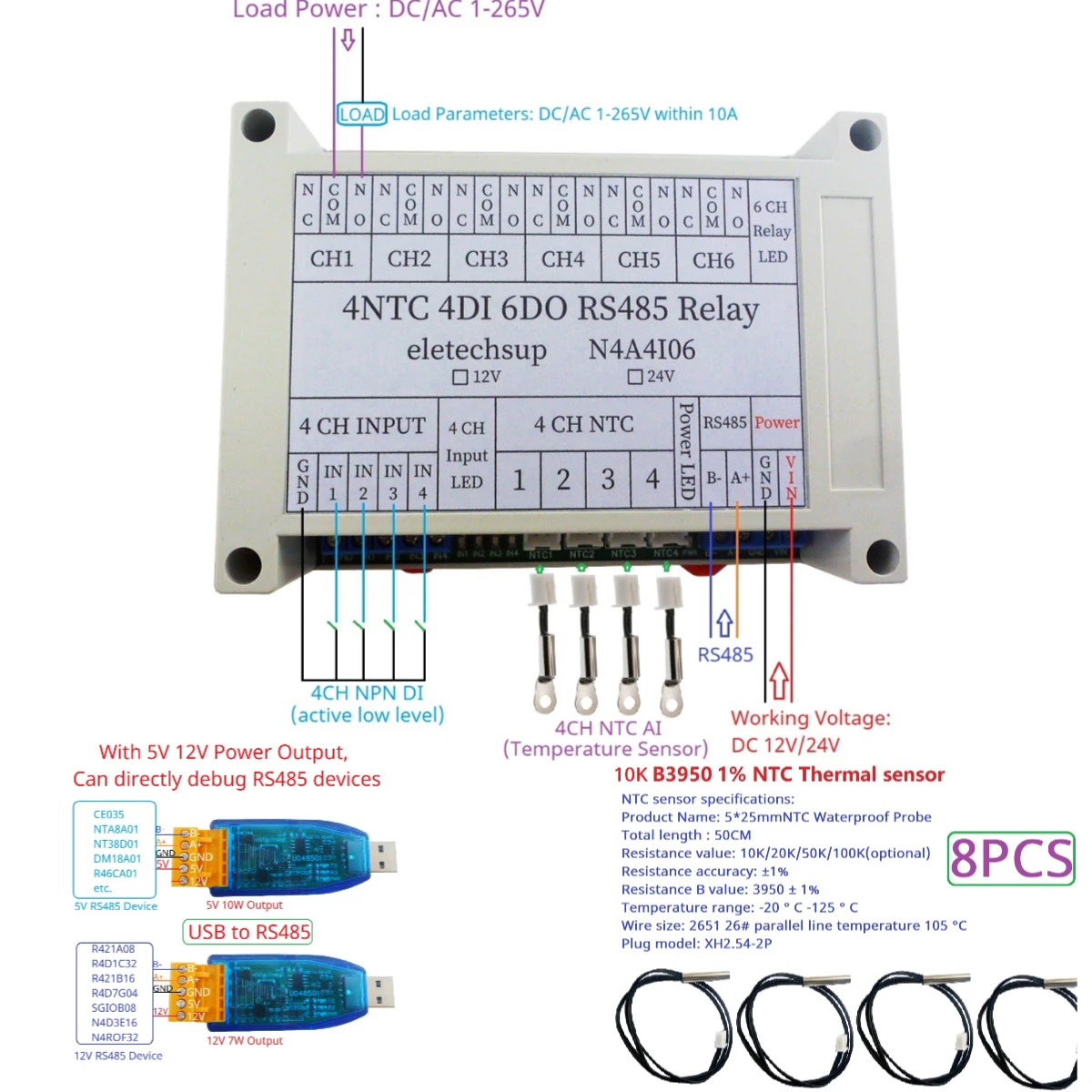 

4AI-4DI-6DO Modbus RTU PLC Remote IO Analog Digital Expander 14CH Multifunction RS485 Network Bus NTC Temperature Collector