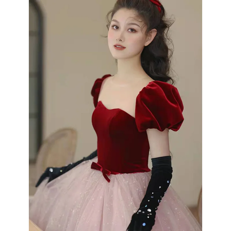 

Fashion Square Collar Puff Sleeve Velour Splicing Chiffon Evening Gowns Oriental Party Banquet Female Stage Dresses Cheongsam