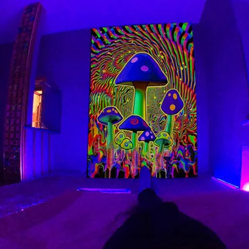 Tapisserie fluorescente UV, champignon psychédélique, tenture murale, hippie, décoration de salle, esthétique 1