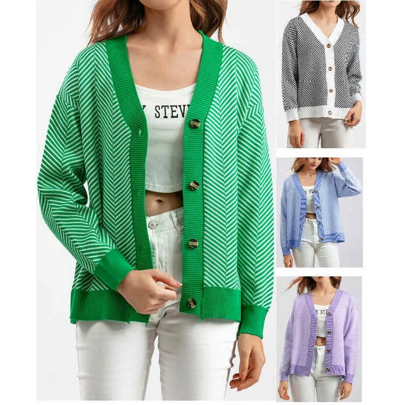 

Женский однобортный Кардиган в полоску, свободный трикотажный свитер с V-образным вырезом и длинным рукавом, весна-осень