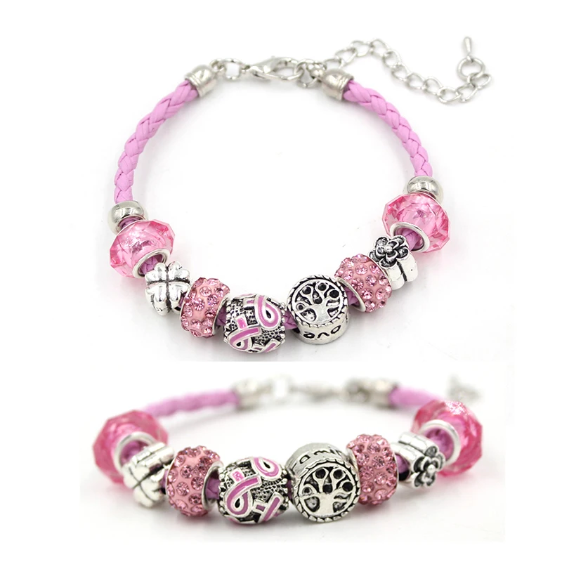 Bracelet Sensibilisation Cancer Du Sein Octobre Rose - Tressé Cuir, Réglable | Cadeau Encouragement Femme