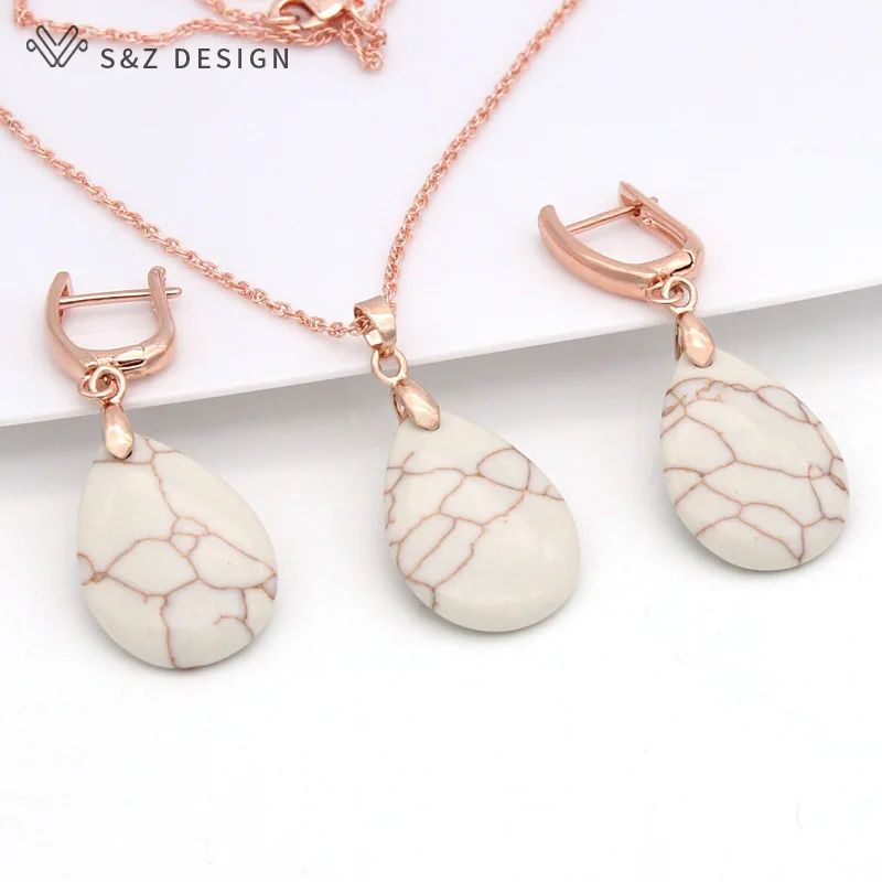 S&Z DESIGN Vintage Water Drop Synthetic Turquoises Dangle Earrings Jewelry Sets For Women Wedding 585 Rose Gold Color Necklace