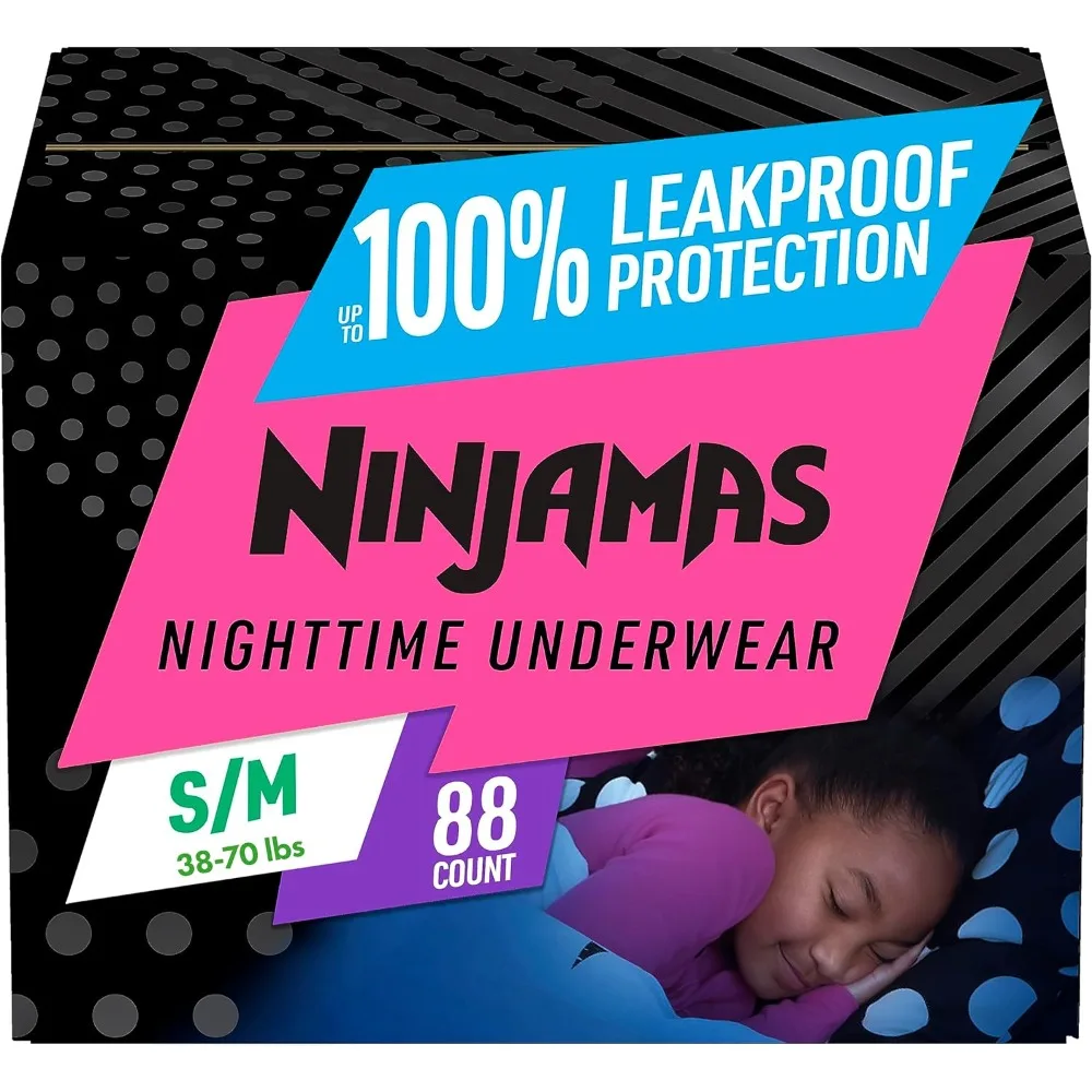 

Ninjamas Nighttime Bedwetting Underwear Girls - Size S/M (38-70 lbs), 88 Count (Packaging May Vary)