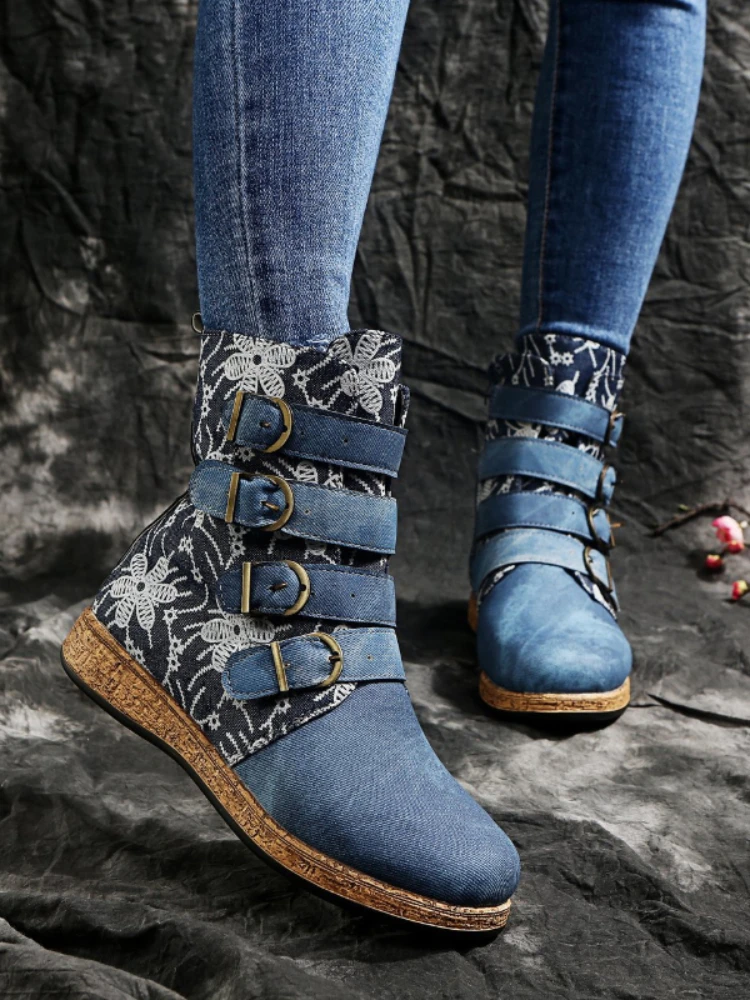Women Ankle Boots Autumn New Retro Ethnic Style Printed Metal