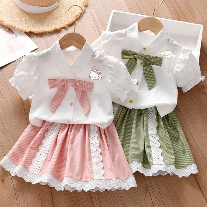 

Kawaii Sanrio Hello Kitty Cinnamoroll Children Dresses Set Summer Cartoon Girl Short-Sleeved Cotton Shirt Skirt Two-Piece Set