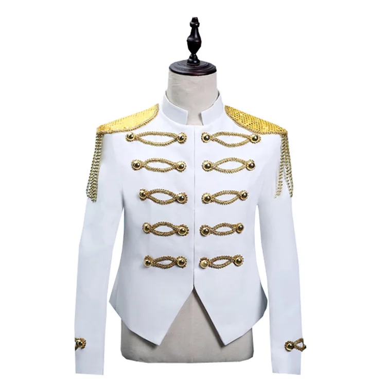 

Men's Coat Wear Host Stage White Gold Fringed Performance Clothes Top Nightclub DJ Male Singer Dance Stage Court Jacket Bebes