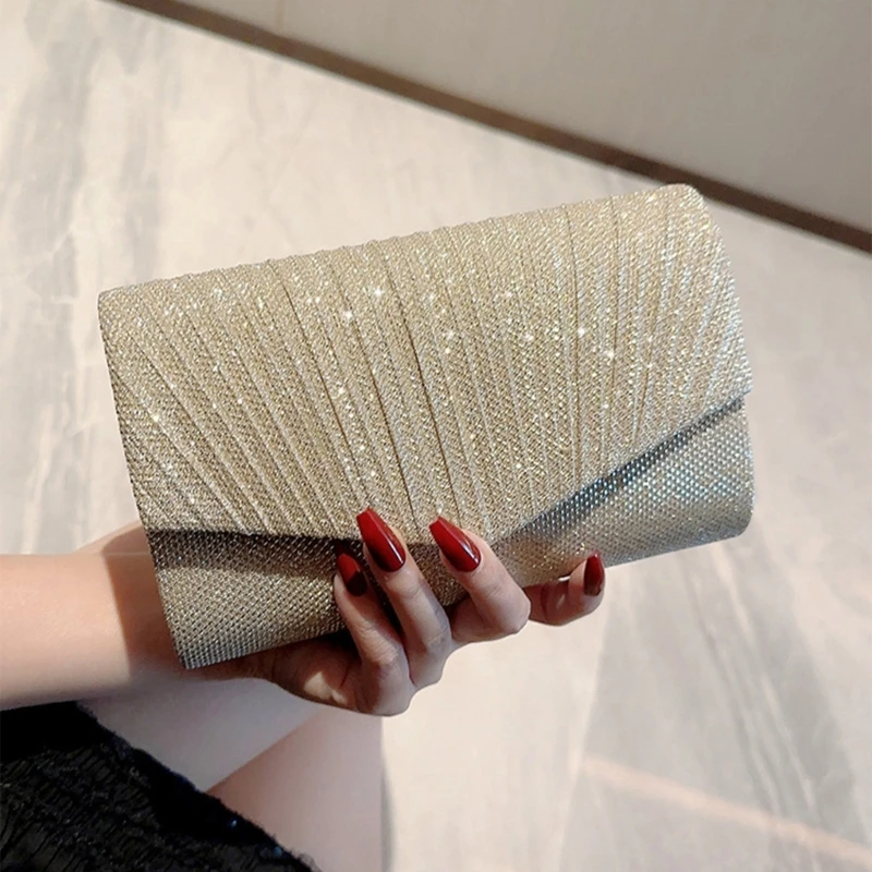 Ladies Evening Bag with Chain Womens Party Wedding Handbag Glitter Clutch Purse