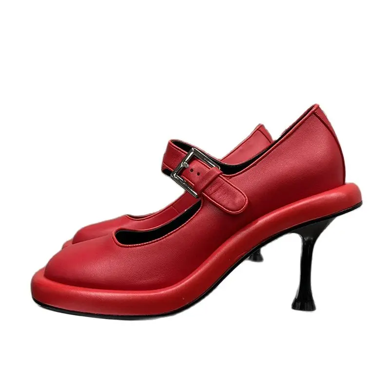 

Spring Summer High-Quality Mary Jane Women Super High Heels Genuine Leather Round Toe Belt Buckle Design Concise Lady Stilettos