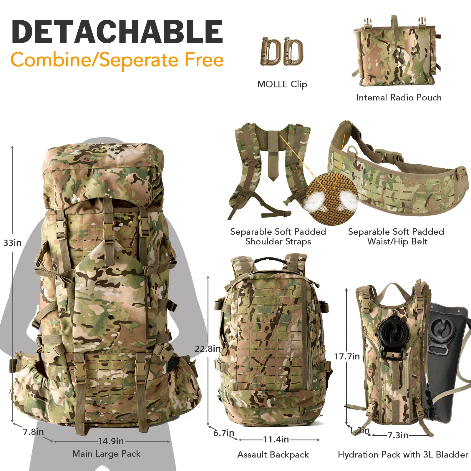 MT Military ILBE Army Large Rucksack with Detacheable Tactical Assault Backpack and Hydration Pack Metal Frame Multicam Olive 2