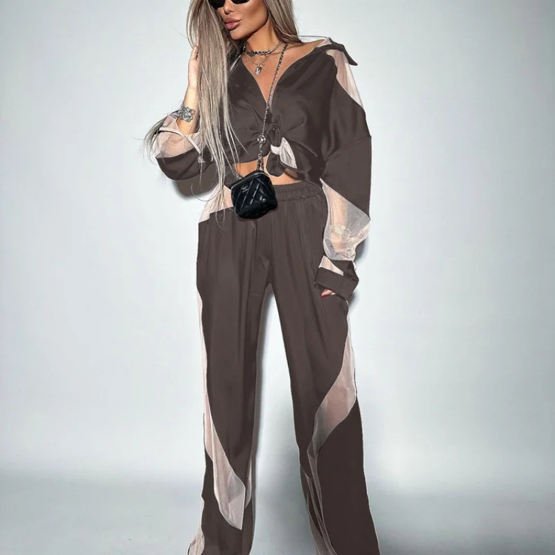 Early Autumn New Stitching See-through Suit Long Sleeve Shirt High Waist Trousers Fashion Graceful Satin Women's ClothingWlj