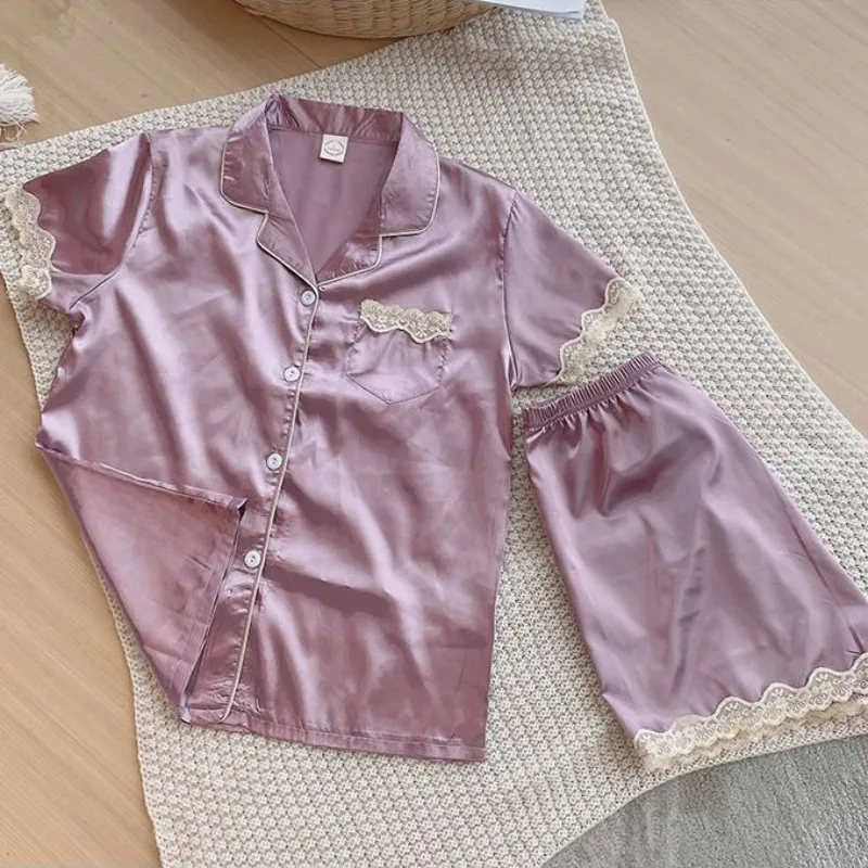 Ice Silk Pajamas Set Women's Summer Thin Short Sleeves Loungewear Latest Online Celebrity Cardigan Home Service Two-piece Suit